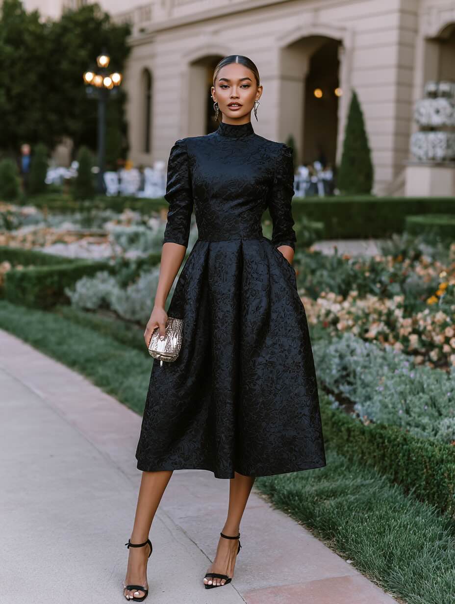 A-line black midi dress with elbow sleeves styled with ankle-strap heels and a metallic clutch.