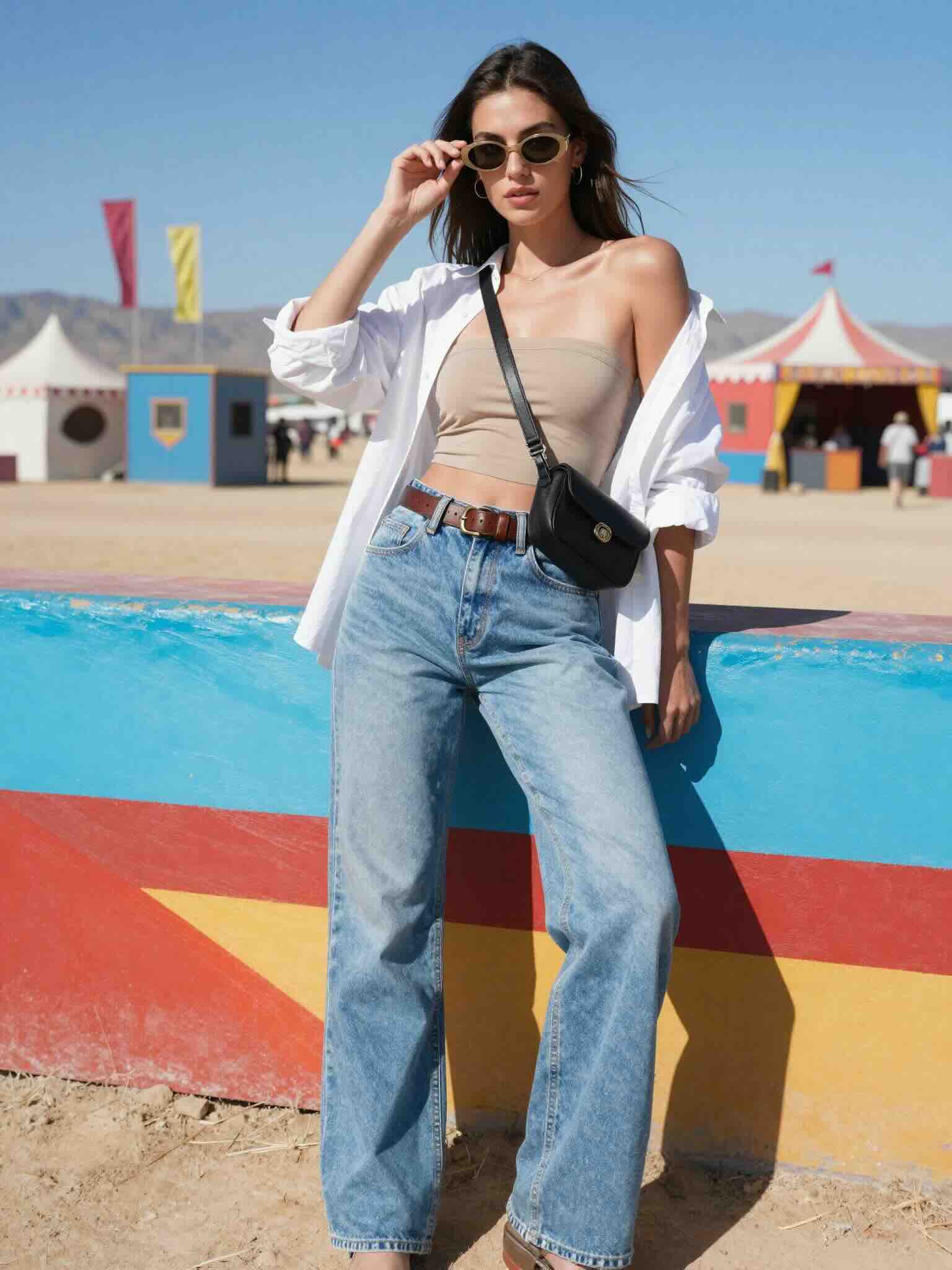 The denim-and-barely-there top combination<