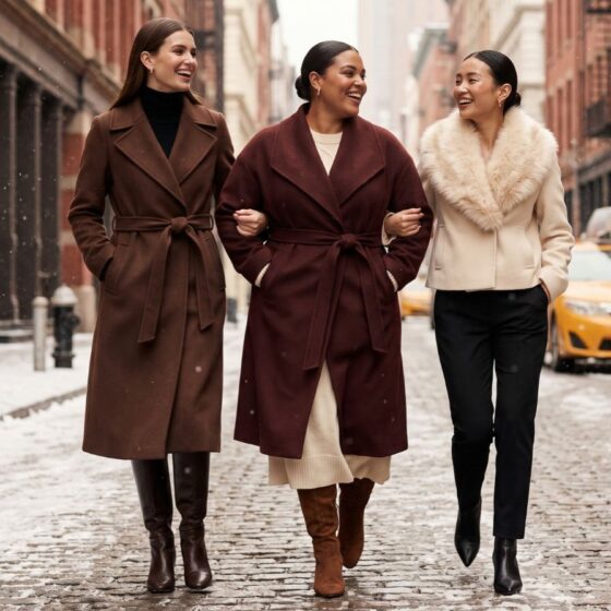 Three women of different body types in flattering winter coats