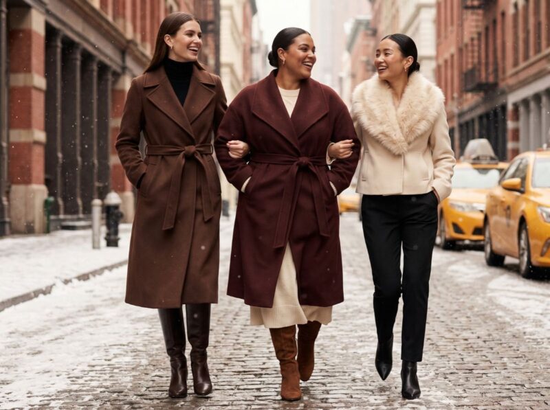 Three women of different body types in flattering winter coats
