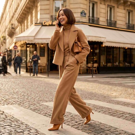 Stylish petite woman in a monochrome outfit walking down a city street