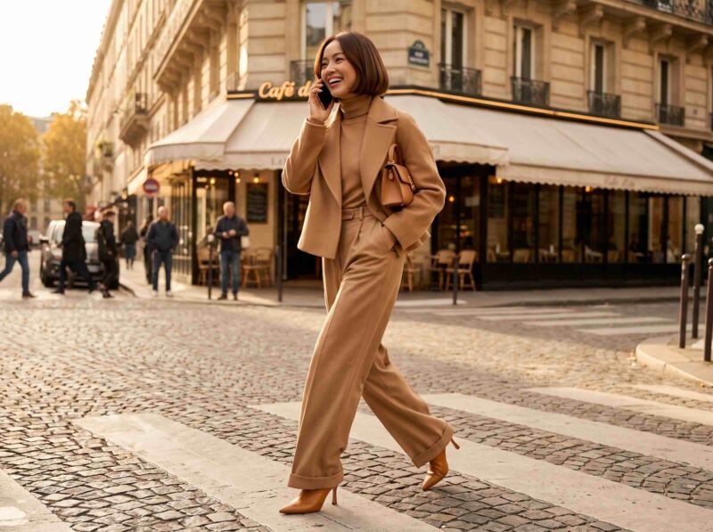 Stylish petite woman in a monochrome outfit walking down a city street