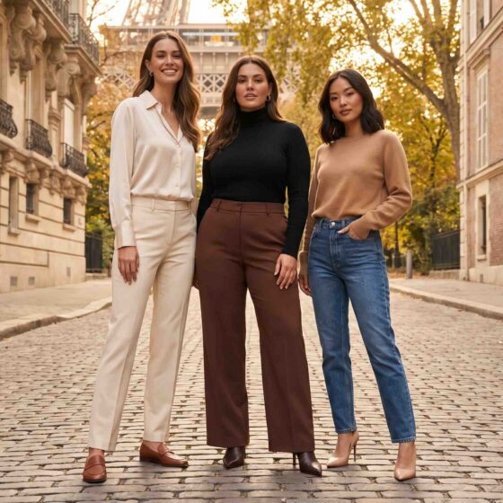 Three women showing balanced, short torso and long torso vertical body types
