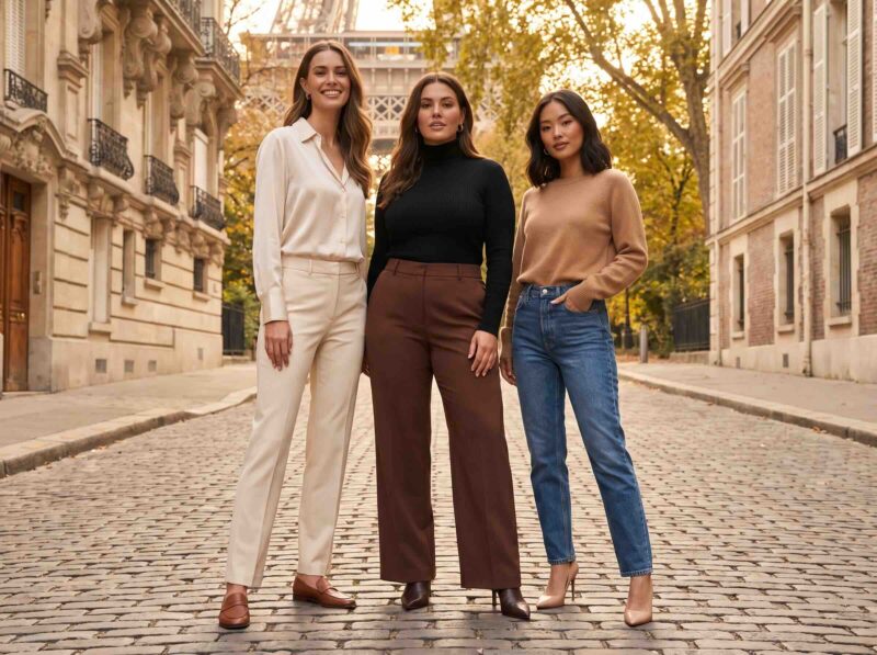 Three women showing balanced, short torso and long torso vertical body types
