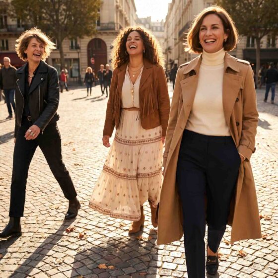 Women wearing different fashion styles including classic, bohemian and rock