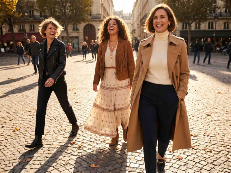 Women wearing different fashion styles including classic, bohemian and rock