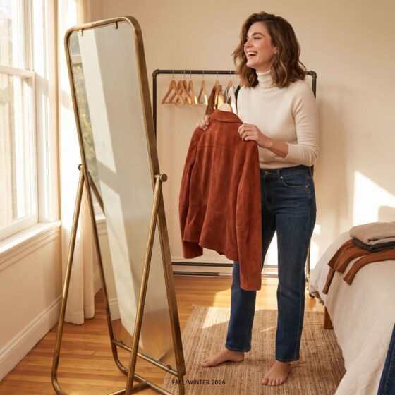 Woman discovering her personal style while trying on outfits in front of a mirror