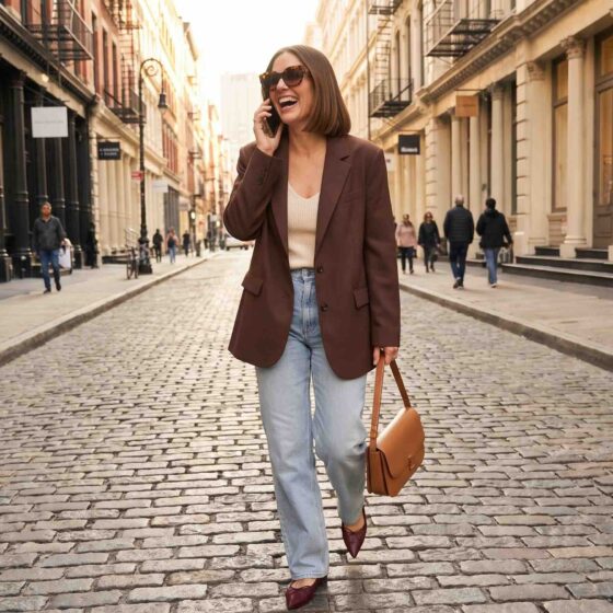 Stylish woman in her forties in a modern oversized blazer and wide-leg jeans walking through the city