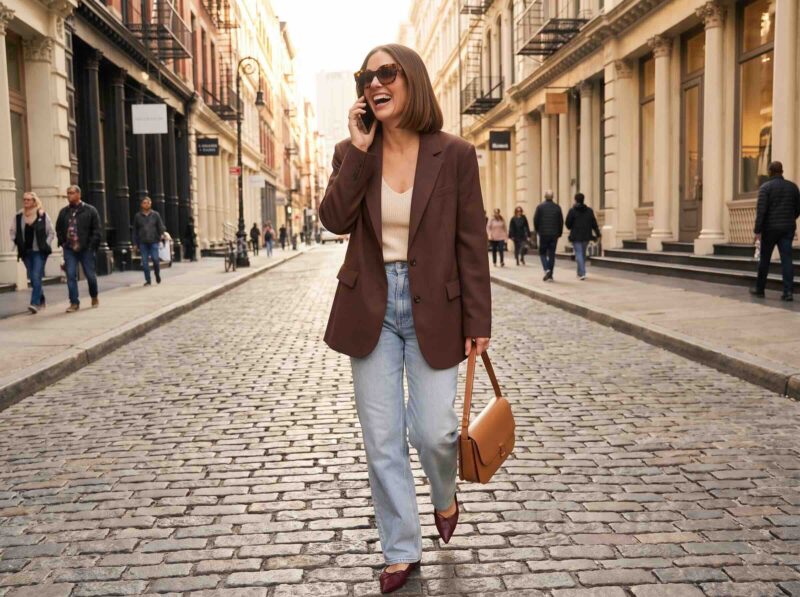 Stylish woman in her forties in a modern oversized blazer and wide-leg jeans walking through the city