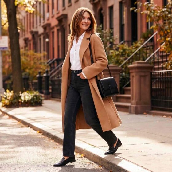 Confident woman over 40 in a camel coat, white shirt and straight jeans on a city street