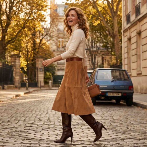 tylish woman over 40 in a knee-length A-line skirt walking down a city street