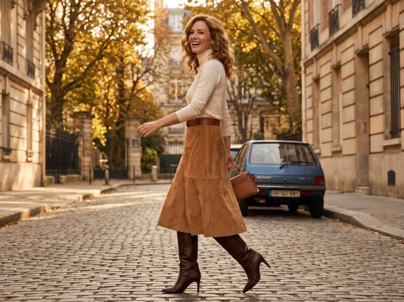 tylish woman over 40 in a knee-length A-line skirt walking down a city street